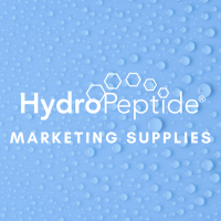 A white hydropeptide logo on a light blue background covered in water droplets